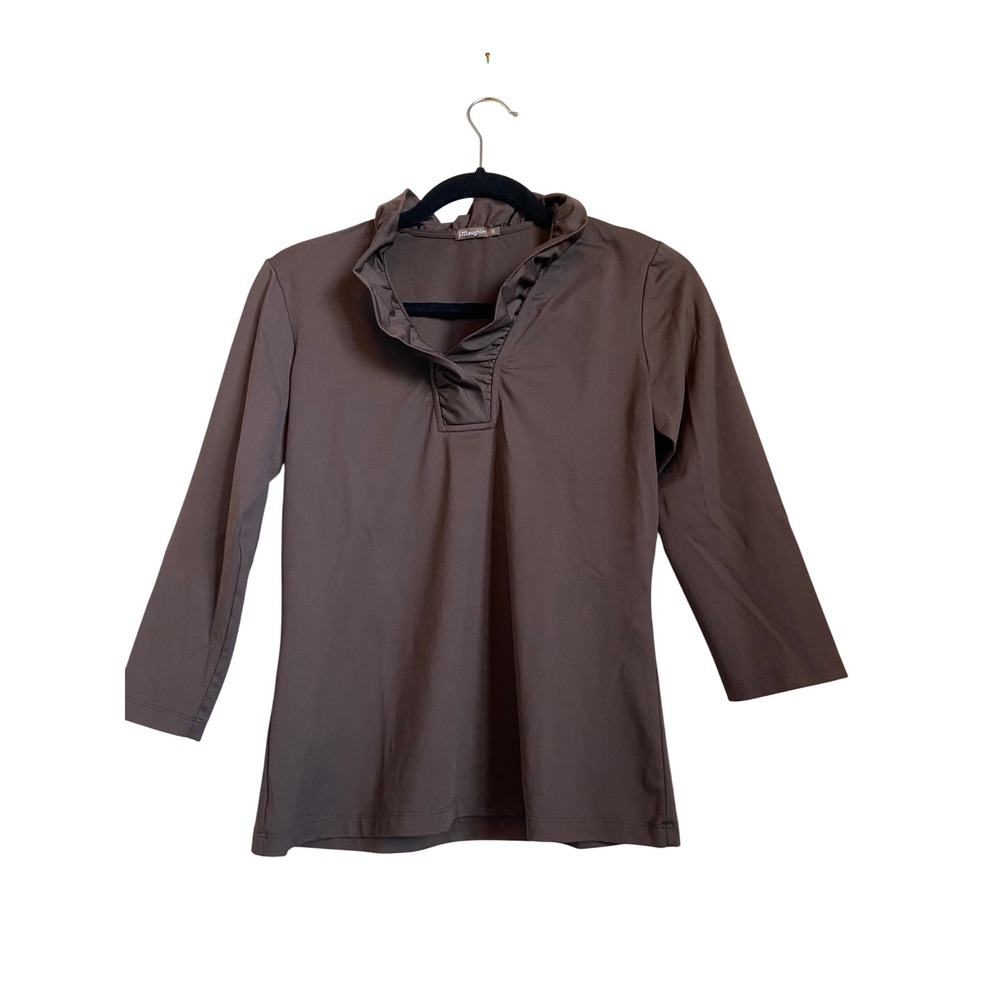 J.McLaughlin Brown Ruffle Collar 3/4 Sleeve Stretch Top Small